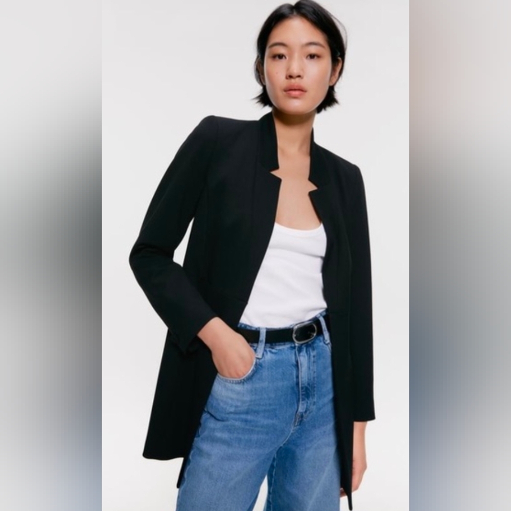 Zara Basic Collection Black Inverted Lapel Longli… - image 1